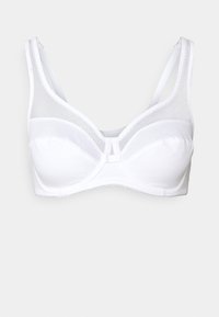 White bra with padded cups, mesh panels, and adjustable straps. Features a decorative trim at the top of the cups and a central clasp.