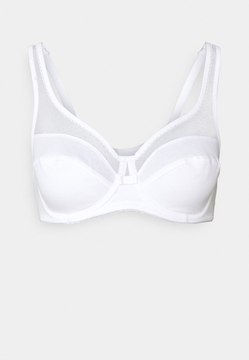White bra with padded cups, mesh panels, and adjustable straps. Features a decorative trim at the top of the cups and a central clasp.