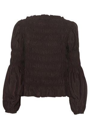 Must-haves, pikad varrukad, smock-kangast ja volangiga äärisega must top. Pehme tekstuur ja puhvitsadega varrukad, mis esitlevad horisontaalseid voldikuid rindkere piirkonnas.
