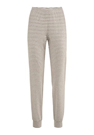 Gray and white striped jogger pants with an elastic waistband and tapered cuffs, made from lightweight, soft fabric.