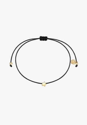 Reguliuojamas juodas virvutės apyrankė su mažos aukso žvaigždutės pakabuku ir aukso karoliuku akcentu, sužymėta centre, kad būtų reguliuojamas dydis.