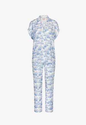 Dwuczęściowy biały komplet piżamowy z jasnoniebieskim wzorem kwiatowym i motywami natury, krótki rękaw, zapinany na guziki top oraz długie spodnie.