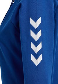 Blå långärmad skjorta med mjuk textur, som har tre stora vita chevronmönster på vänster ärm, vilket ger en grafisk accent.