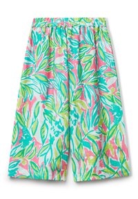 Pantaloni corti in cotone con un vivace motivo multicolore a foglie nei toni del rosa, verde e turchese, dotati di una cintura elastica per il massimo comfort.
