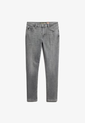Grijze denim jeans met een slim fit, voorzien van een vijf-pocket ontwerp, riemlussen en een lichte vervaging langs de dijen. Schoon zoom, geen versieringen.