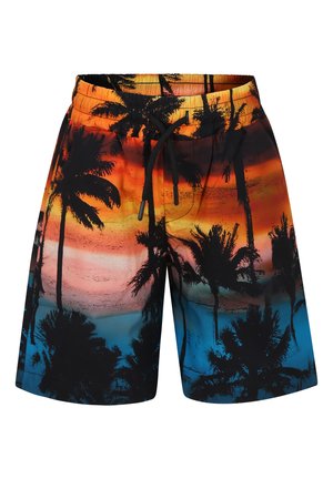 Costumi da bagno da uomo in nero, arancione e blu con un motivo silhouette di palme e una vita elasticizzata con cordoncino.