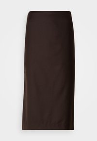 Jupe crayon marron, de longueur genou, fabriquée en tissu lisse. Présente un design simple sans motifs ni embellissements visibles.