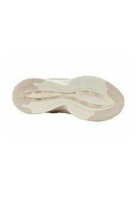 Schuhsohle mit einem welligen, strukturierten Design in Creme und Hellbeige. Verfügt über Rillen für Grip und Stabilität sowie eine sanfte Krümmung an den Kanten.