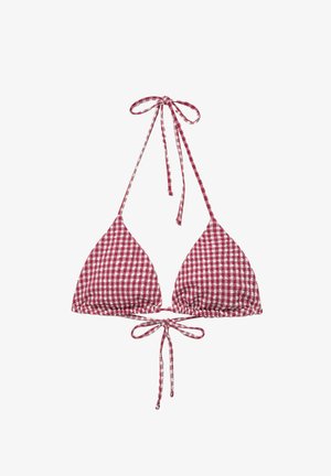 Red and white checked triangle bikini top with thin ties at the neck and back, featuring a textured fabric and a gathered design.