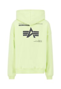Hoodie di un vivace verde lime, realizzato in tessuto morbido. Caratterizzato da una stampa del logo e testo sul retro, tasca a marsupio e cappuccio con coulisse.