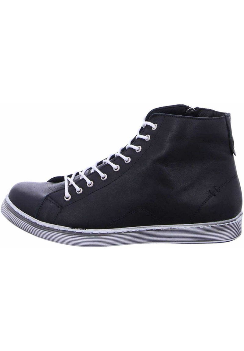 Black high-top sneaker made of leather, featuring white laces, a rubber sole with black and white stripes, and a side zipper for closure.
