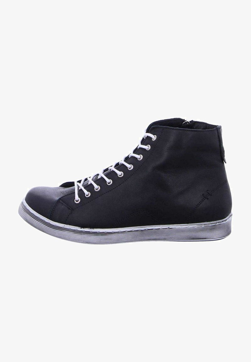Black high-top sneaker made of leather, featuring white laces, a rubber sole with black and white stripes, and a side zipper for closure.