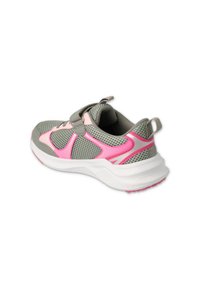Szare i różowe buty sportowe z siateczkową cholewką, syntetycznymi akcentami, regulowanym paskiem i białą gumową podeszwą. Posiadają fakturowane detale.