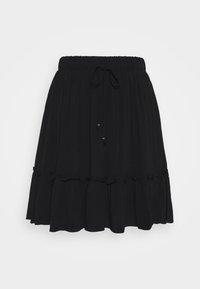 Sort lagdelt nederdel lavet af blødt stof, med elastisk taljebånd med snøre og fine flæsedetaljer ved kanten.