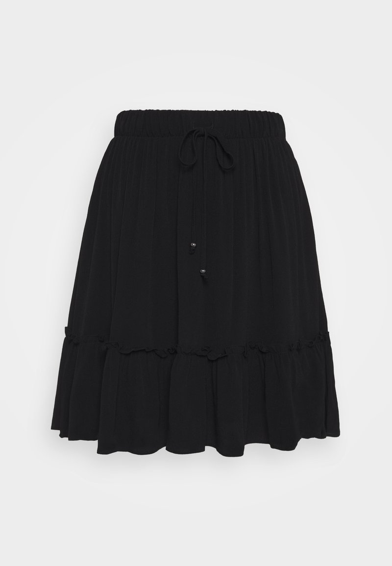 Sort lagdelt nederdel lavet af blødt stof, med elastisk taljebånd med snøre og fine flæsedetaljer ved kanten.