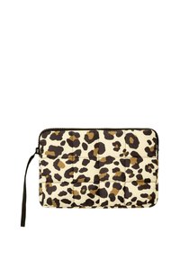 Padded leopard print pouch with a cream background. Features dark brown and yellowish spots, zip closure, and a coordinating wrist strap.