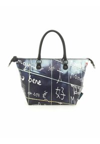Borsa a spalla testurizzata con un esterno sintetico blu navy, caratterizzata da una scritta bianca in varie lingue. Doppi manici neri con dettagli in metallo argentato.