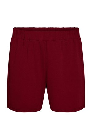 Bordeauxfarvede knælange shorts med elastisk talje, lavet af glat stof, designet til afslappet brug.