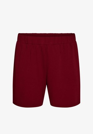 Bordeauxrote knielange Shorts mit elastischem Bund aus glattem Stoff, entworfen für den Freizeitgebrauch.