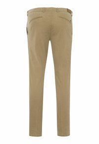 Beżowe chinosy o wąskim kroju, z dwoma tylnymi kieszeniami, szlufkami na pasek i gładką bawełnianą tkaniną. Czysty, prosty fason nogawek.