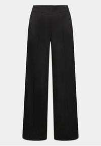 Pantalon noir à jambes larges avec une taille haute et des détails sur la couture avant, présenté sur un fond uni gris clair.