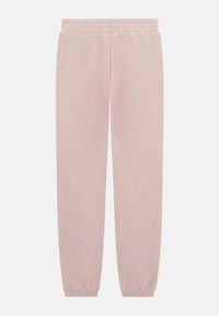 Rosafarbene Sweatpants mit lässigem Schnitt, ausgestattet mit einem elastischen Taillenbund und elastischen Bündchen an den Knöcheln. Glatte Stoffoberfläche, keine auffälligen Muster.
