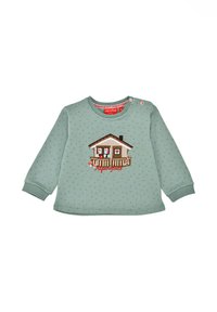Hellgrüner, langärmeliger Sweatshirt aus weichem Stoff, mit einer Hausstickerei in Rot und einem gepunkteten Muster auf der gesamten Oberfläche.