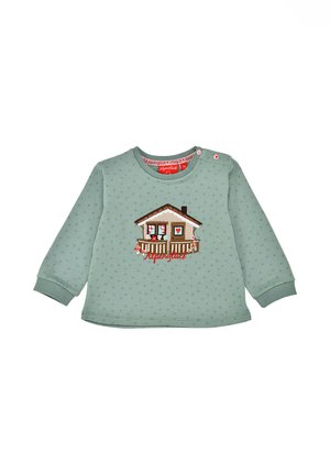 Hellgrüner, langärmeliger Sweatshirt aus weichem Stoff, mit einer Hausstickerei in Rot und einem gepunkteten Muster auf der gesamten Oberfläche.