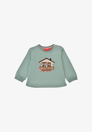 Hellgrüner, langärmeliger Sweatshirt aus weichem Stoff, mit einer Hausstickerei in Rot und einem gepunkteten Muster auf der gesamten Oberfläche.