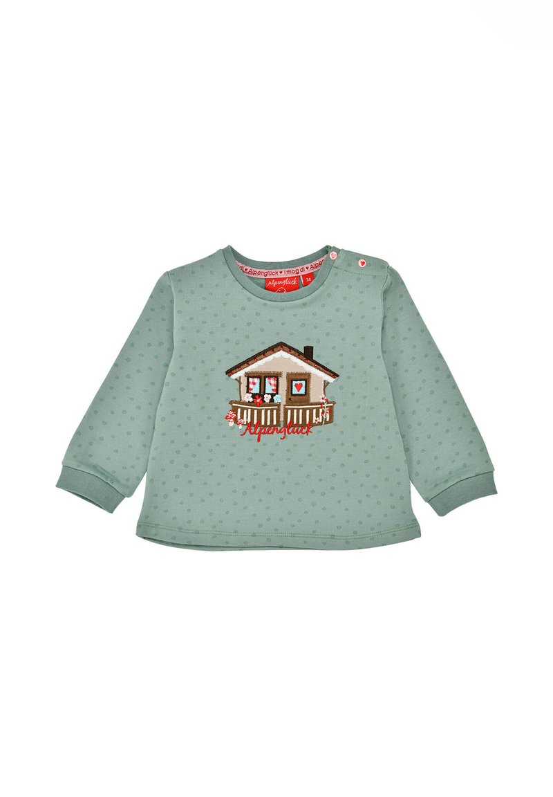Hellgrüner, langärmeliger Sweatshirt aus weichem Stoff, mit einer Hausstickerei in Rot und einem gepunkteten Muster auf der gesamten Oberfläche.