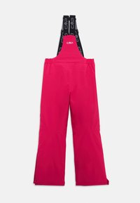 Pantalones de esquí rosas con tirantes ajustables negros, que presentan un logo, piernas ajustadas y cremalleras en los tobillos para ventilación y ajuste.