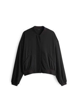 Black bomber-style jacket made of smooth fabric, featuring a ribbed collar, elasticized cuffs, and two side pockets with a cropped design.