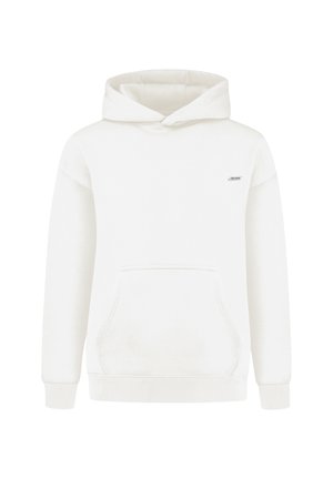 Sudadera blanca con un bolsillo tipo canguro, puños y dobladillo acanalados, que presenta un pequeño logotipo en el pecho. Tejido suave con una textura lisa.