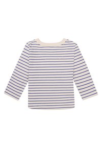 T-shirt en coton à manches longues de couleur crème avec des rayures horizontales bleues. Il possède un col rond et une texture douce, conçu pour le confort.