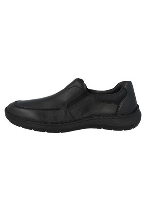 Black leather slip-on shoe with elastic side panels, flat rubber sole, and contrasting stitching. Smooth texture with a rounded toe design.