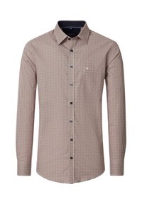 Herrenlangarmhemd mit rot-wei ßem geometrischem Muster, mit durchgehendem Knopfverschluss, Kragen und einer Brusttasche.