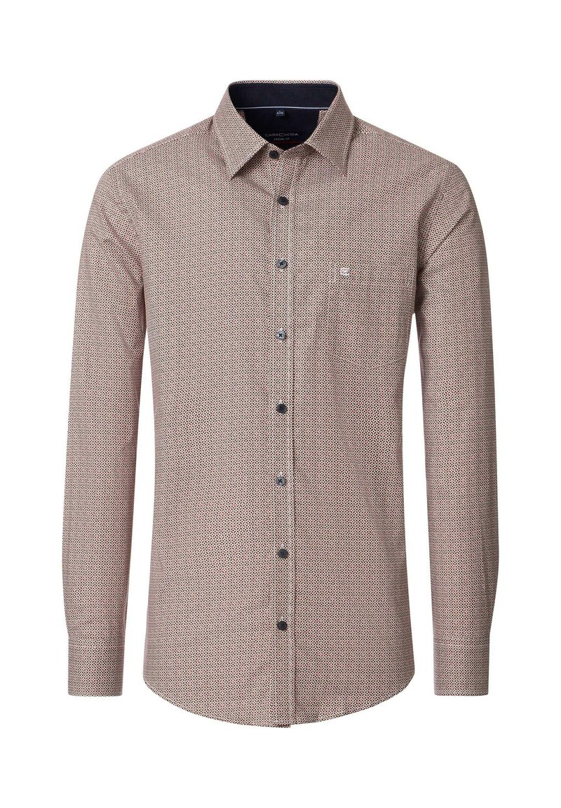 Herrenlangarmhemd mit rot-weißem geometrischem Muster, mit durchgehendem Knopfverschluss, Kragen und einer Brusttasche.