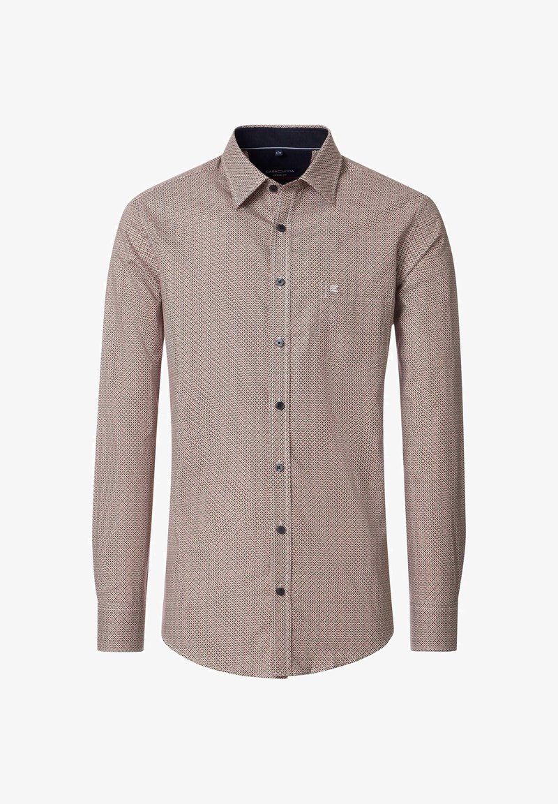 Men's long-sleeve shirt in red and white geometric pattern, featuring a button-up front, collar, and single chest pocket.