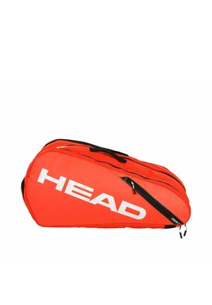 Borsa per racchette da tennis di colore arancione brillante con cerniera nera e logo bianco "HEAD" sul lato, progettata per il trasporto di attrezzature sportive.