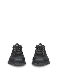 Pair of black athletic sneakers with patterned laces and textured soles, facing forward on a white background.