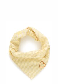 Sárga csíkos sál háromszög alakú, sima tapintású anyagból készült, hímzett szív részlettel díszítve.