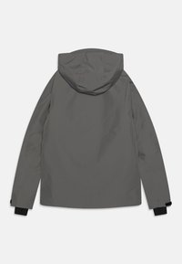Grijze waterdichte jas met een capuchon, lange mouwen, elastische manchetten en een soepele textuur. Kenmerkt zich door een minimalistisch ontwerp zonder zichtbare patronen.