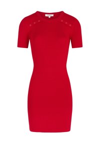 Rode, geribbelde jurk met korte mouwen en een ronde halslijn. Bevat decoratieve knopen op de schouders en heeft een getailleerde pasvorm.