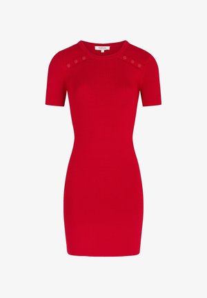 Abito rosso a coste con maniche corte e scollatura rotonda. Presenta bottoni decorativi sulle spalle e una silhouette aderente.