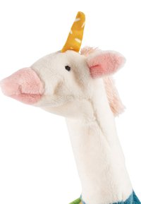 Plush unicorn toy with a soft white and pink face, golden patterned horn, pink ears, and a colorful green and blue body.