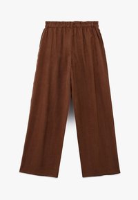 Bruine wijde broek met een elastische tailleband, gemaakt van een gladde, lichte stof. Heeft een rechte snit en geen extra details.