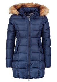 Abrigo de invierno acolchado azul marino con cremallera y botones delanteros, con capucha forrada de piel sintética y bolsillos laterales.