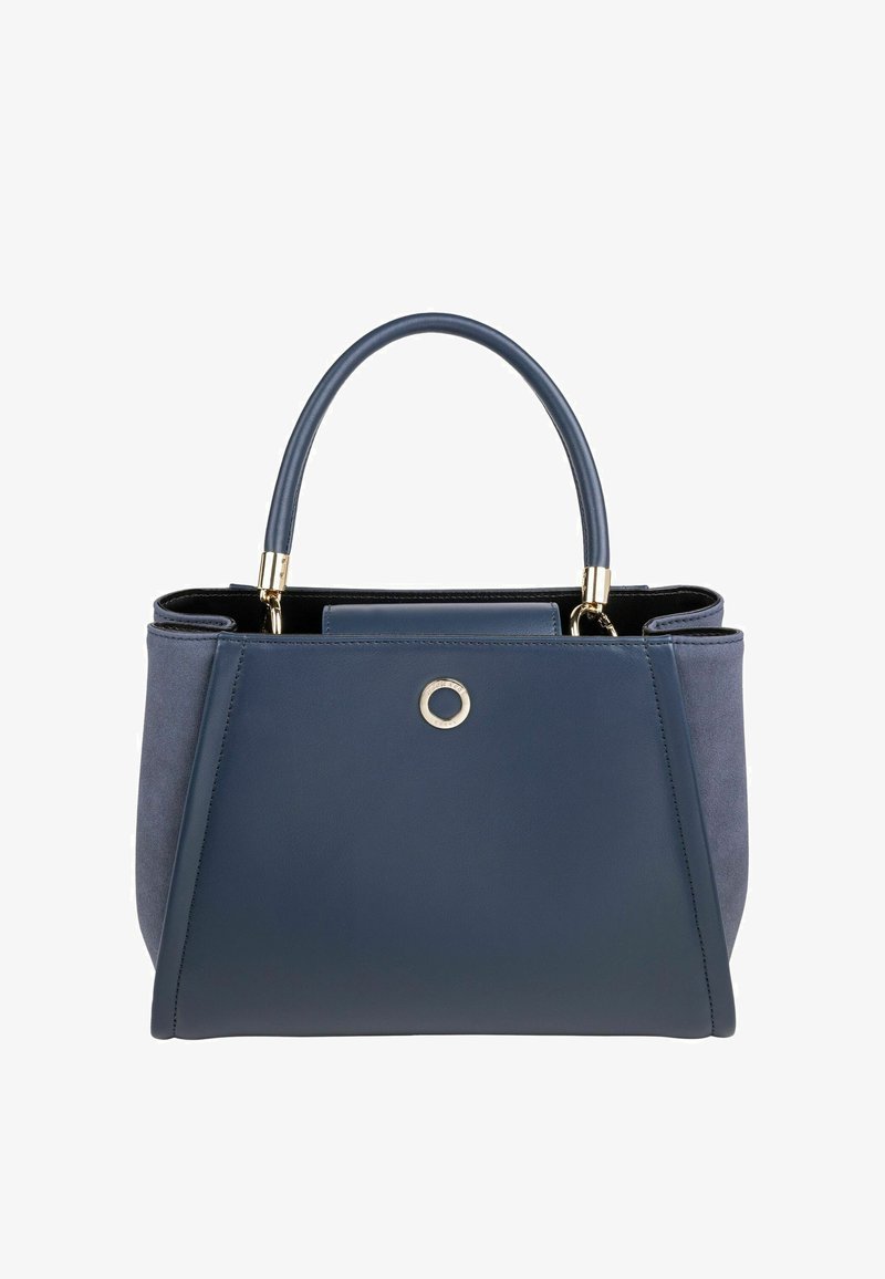 Mornarska torbica iz gladke usnje in zamaha, z urejenim oblikovanjem, enim ročajem in pozlačenim okovjem.