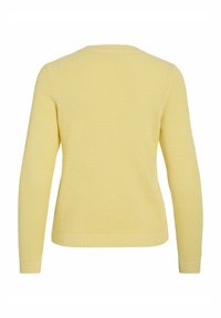 Pull tricoté jaune clair à manches longues avec poignets, ourlet et encolure côtelés, vu de dos.