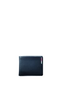 Portafoglio in pelle nera caratterizzato da una texture liscia, forma rettangolare e un piccolo dettaglio rosso e argento su un lato.